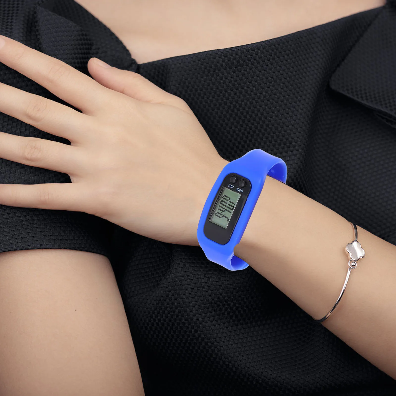 

Silicone Wrist Pedometer Watch Blue Portable Step Counter for Walking Exercise Fitness Tracker Clear Screen Display