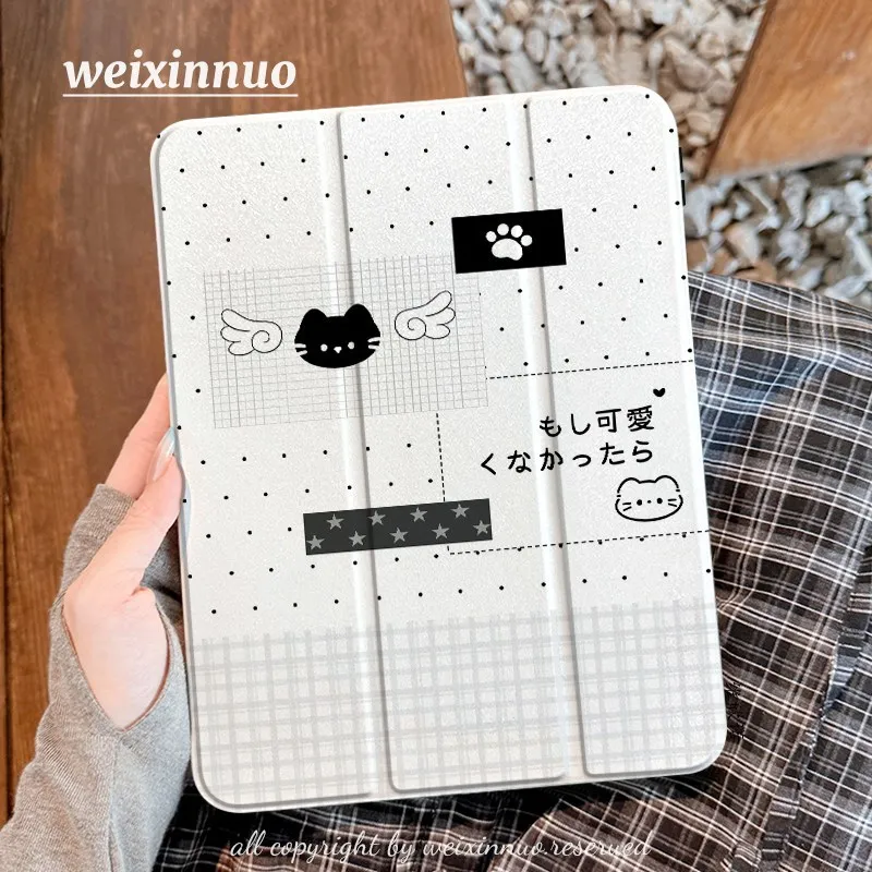 Japanese Wave Point Cat Cute 3Fold iPad Case For iPad Pro 11 13in 2025 iPad Pro 12.9in Air7 10th 11th M4/5 Tablet Acrylic Cover