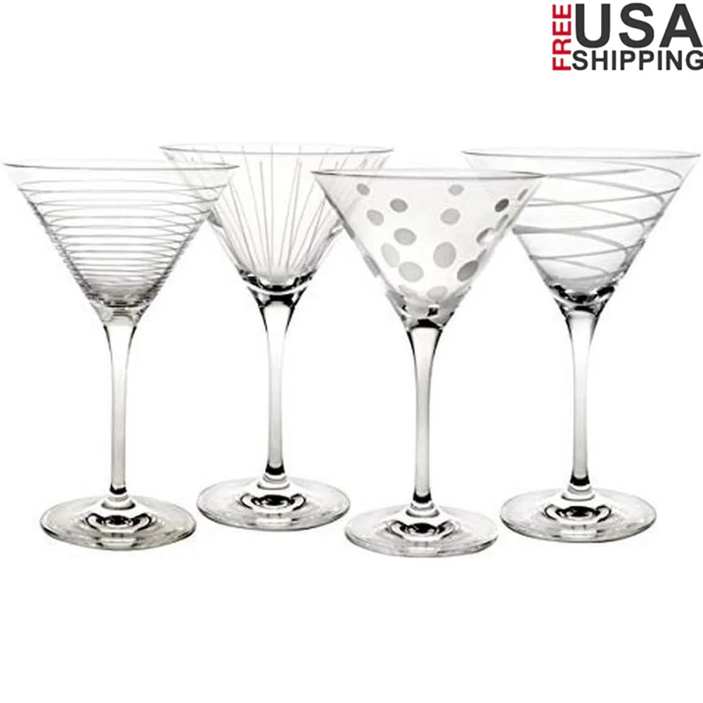 

Set of 4 10-Ounce Clear Glass Martini Glasses Precision-Etched Fun Designs Distinctive Identification Perfect Entertaining