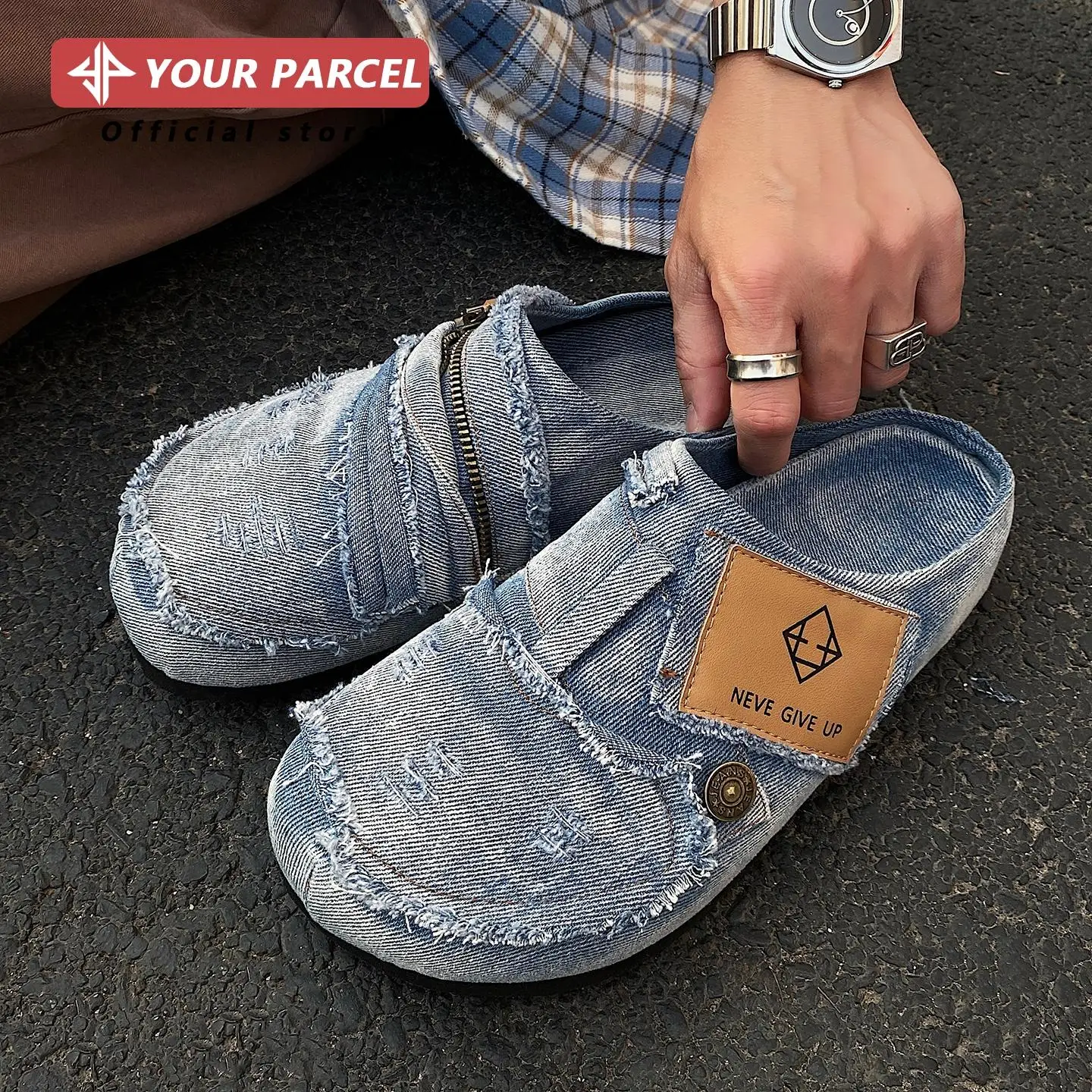 Denim cloth Boken shoes for men retro zipper patch design casual outdoor slippers backless and cork couple Mueller shoes