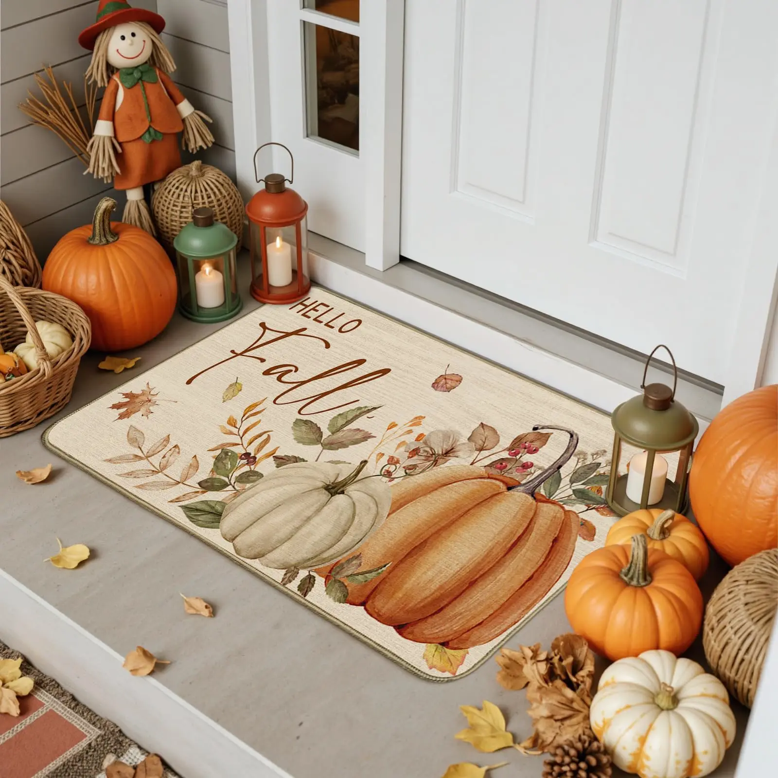 VIKAMA Fall Pumpkin Welcome Door Mat Autumn Farmhouse Floral Maple Leaves Washable Anti-Slip Entrance Area Rugs for Home Decor