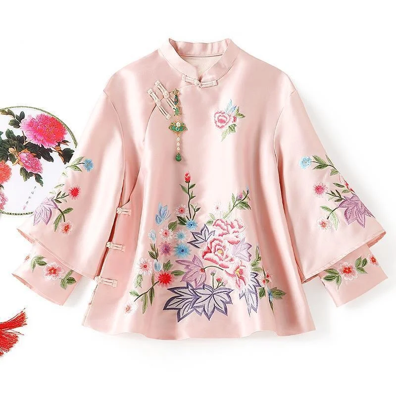 

Eleganti Loose Female Shirt Chinese Autumn Ethnic Style Tang Suit Coat Vintage Harajuku Embroidery Chinese Tops Women Blouse