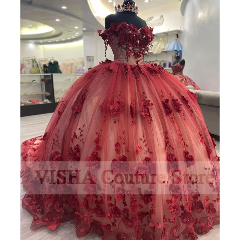 สีแดงปิดไหล่ Quinceanera ชุด2022 Tulle Lace Up Appliques ชุดไปงานเต้นรำชุดงานวันเกิด Vestidos De 15ปี