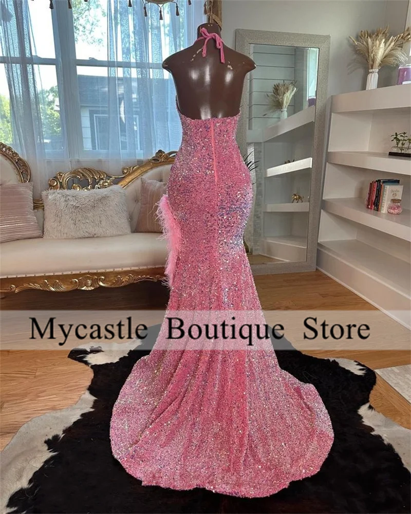 Sparkly Diamonds Pink Feathers Mermaid Prom Dresses 2025 Black Girl Sequins Crystals Rhinestones Birthday Party Dress Customized