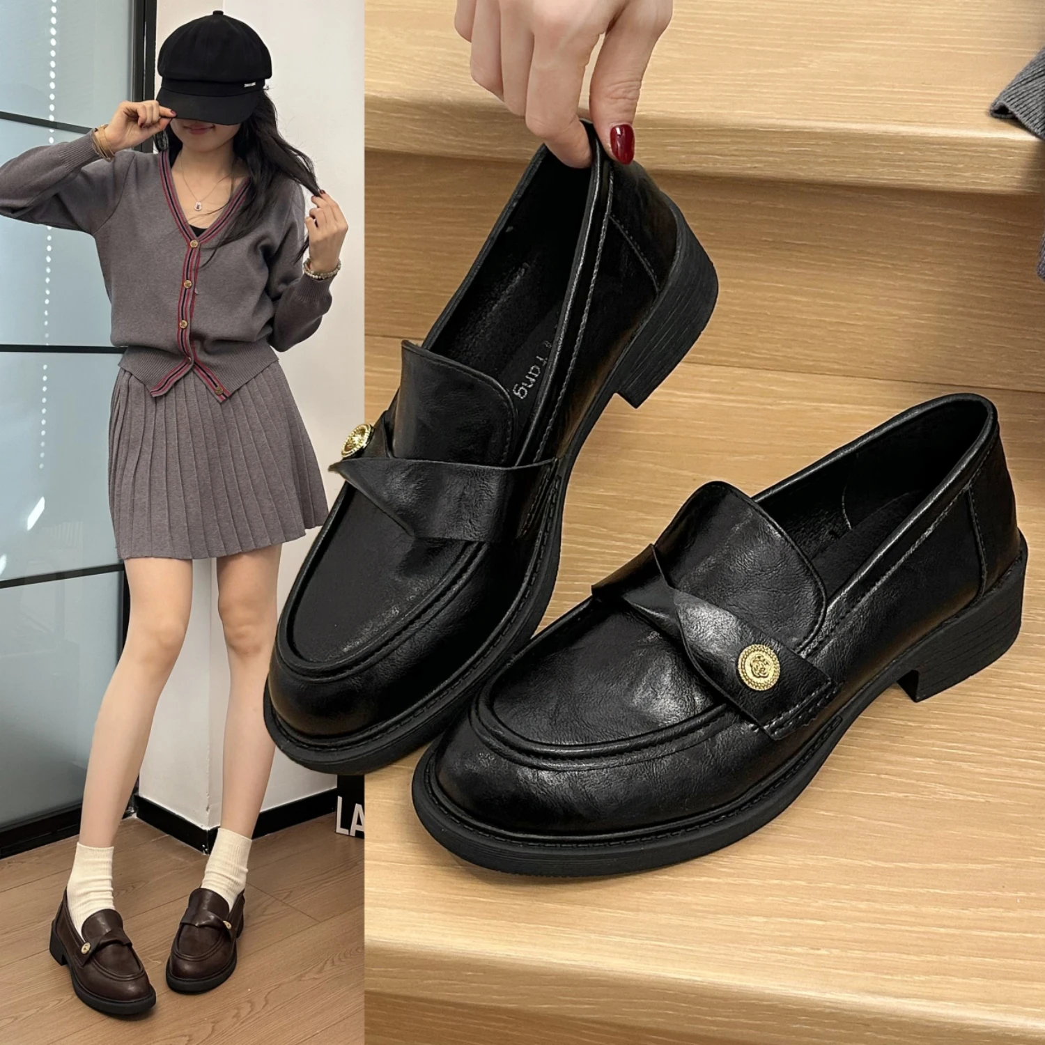 commuter-mary-jane-shoes-women's-new-2026-gold-coin-thick-heel-easy-slip-on-fashion-single-shoes-british-style-pu-material