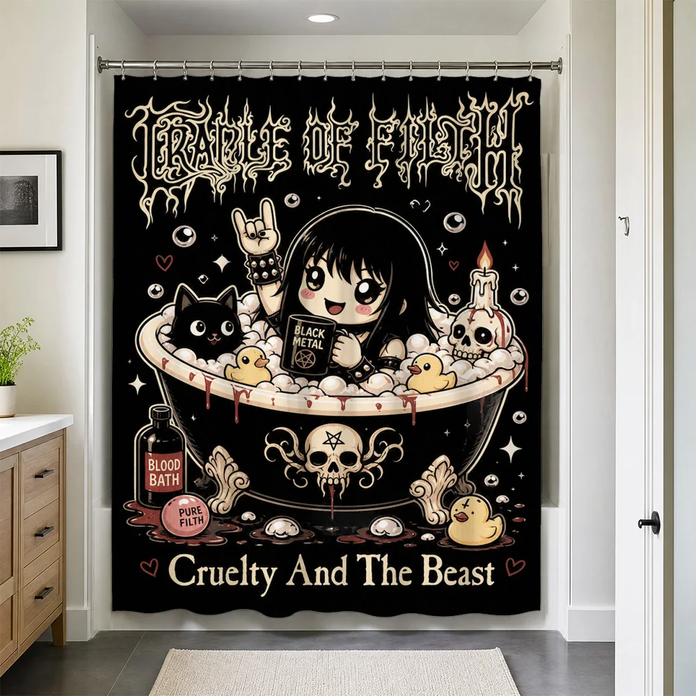Gothic Punk Metal Cruelty and The Beast Waterproof Shower Curtain Liner Art Print Edgy Halloween Bathroom Decor Unique Room Acce