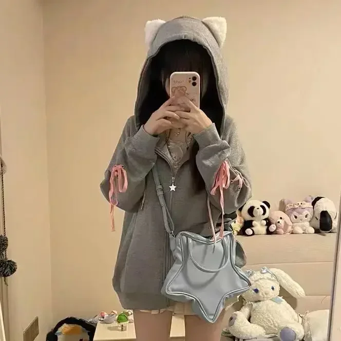 HOUZHOU Kawaii Sweet Harajuku Hoodie Women Japanese Fashion Cute Cat Embroidery Zipper Straps Hooded Sweatshirt Soft Gril 2023