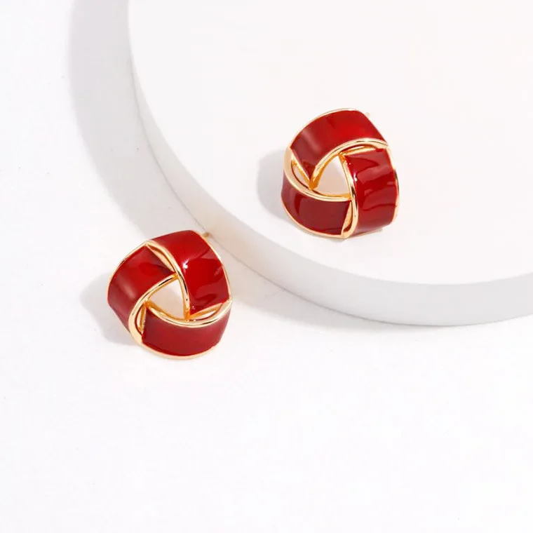 N S925 Silver French Retro Stud Earrings Burgundy Drip Glaze Triangular Earrings Women's Light Luxury Winding Earrings