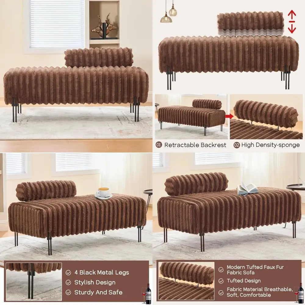 NIOIIKIT 49.6 Modern Loveseat Sofa Couch, Upholstered Accent Sofa with Golden Legs and Adjustable Backrest, Small Faux Fur Couch