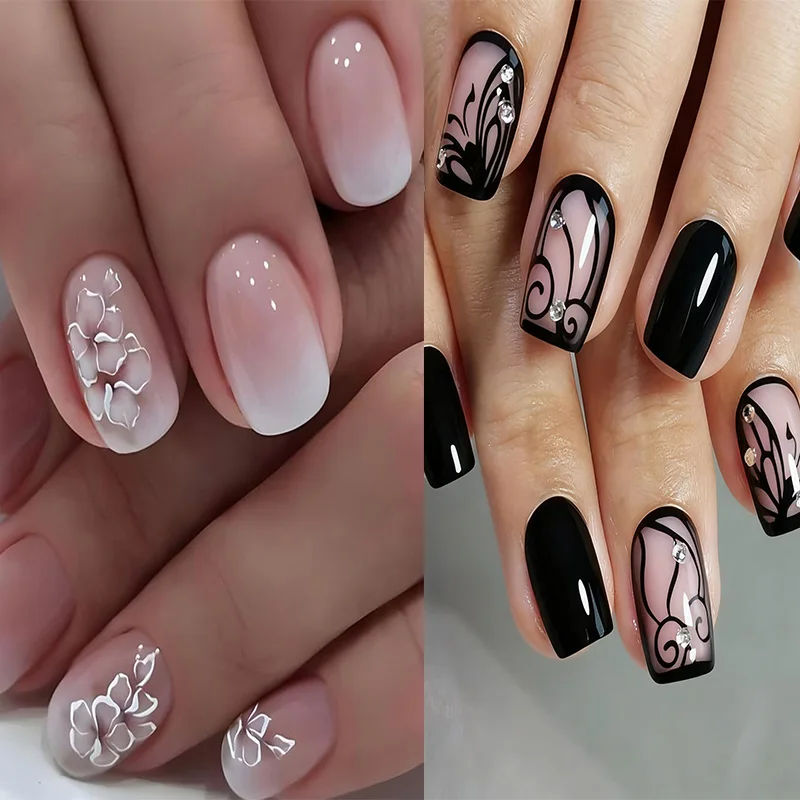 

24PCS Short Square White Flower Gentle Gradient Nail Art Piece Fairy Fashion Versatile Fake Nail Product Nail tips