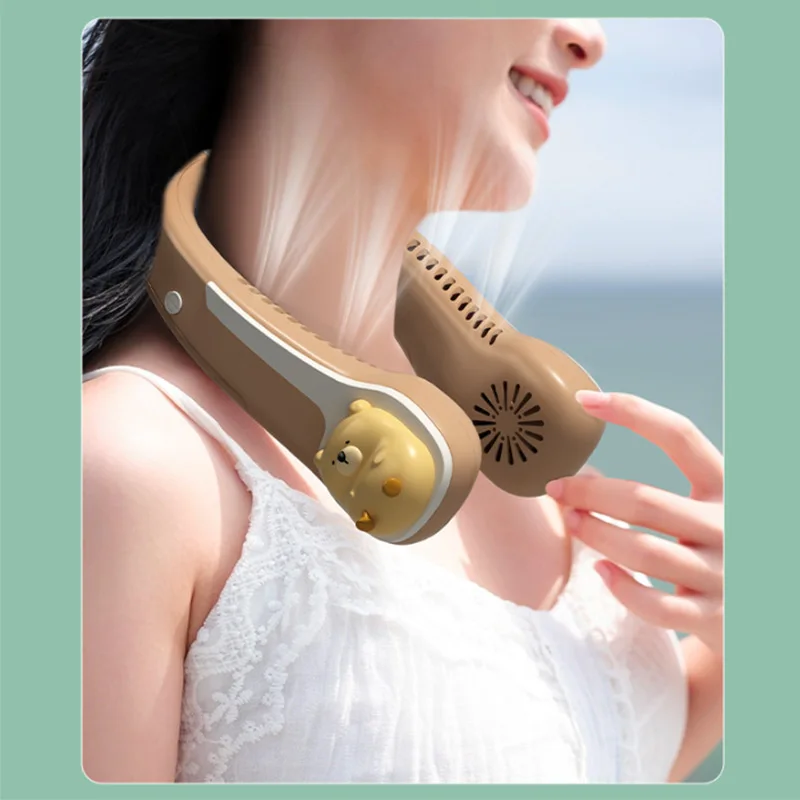 2025 New Portable Cartoon Leafless Neck Fan Usb Charging Mini Fan Outdoor  Travel Fan Gift  Hydrating Handheld Spray Mini Fan