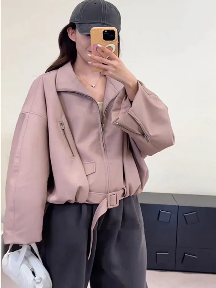 Doce e legal design gola de pé motocicleta jaqueta de couro feminino outono novo solto curto versátil lapela casaco