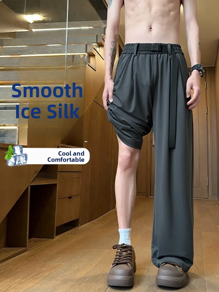 

Men's Ice Silk Knife Wide Leg Casual Pants Spring Summer High Waist Straight Cut Loose Fit Trousers Faionable Drapey