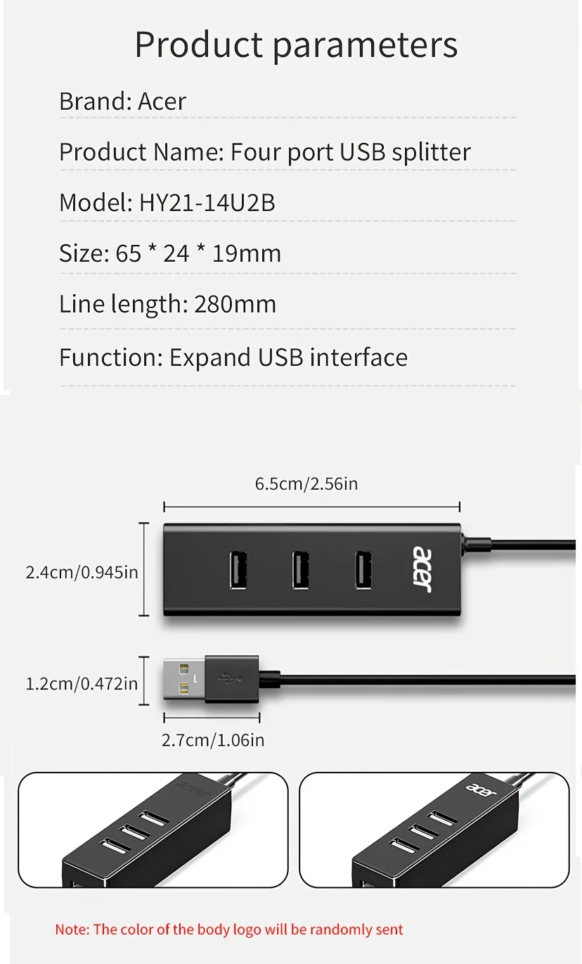 Divisor USB Acer (acer), 4 portas com a mesma unidade, conversor de cabo de extensão multiinterface de uma a quatro