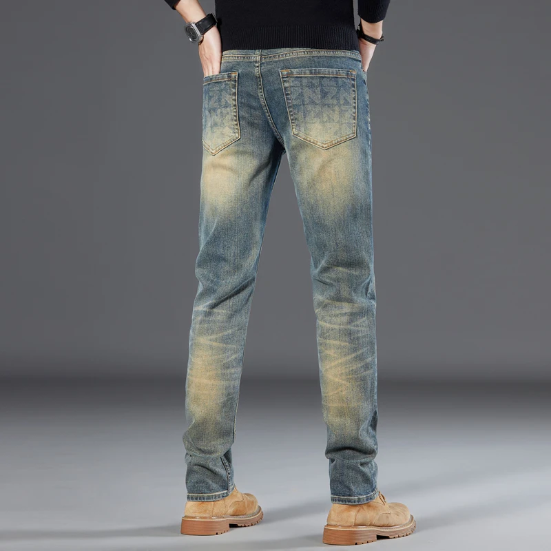 High quality retro jeans men's slim fit straight leg new washed casual American men's long pants denim jeans for men streetwear