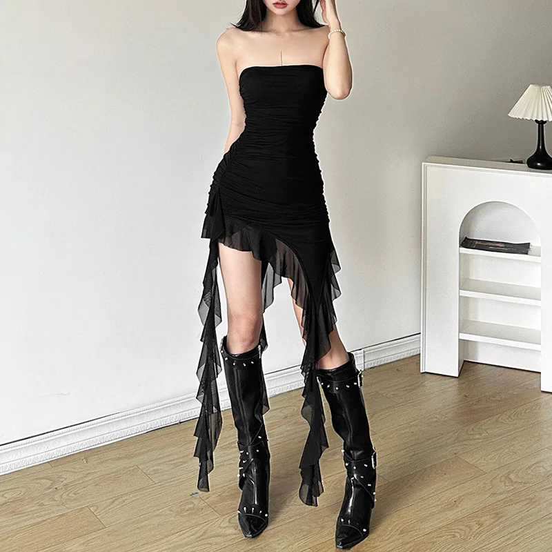 ヨーロッパとアメリカの春の新作レディースハイウエストファッションレターネックストラップレスドレス