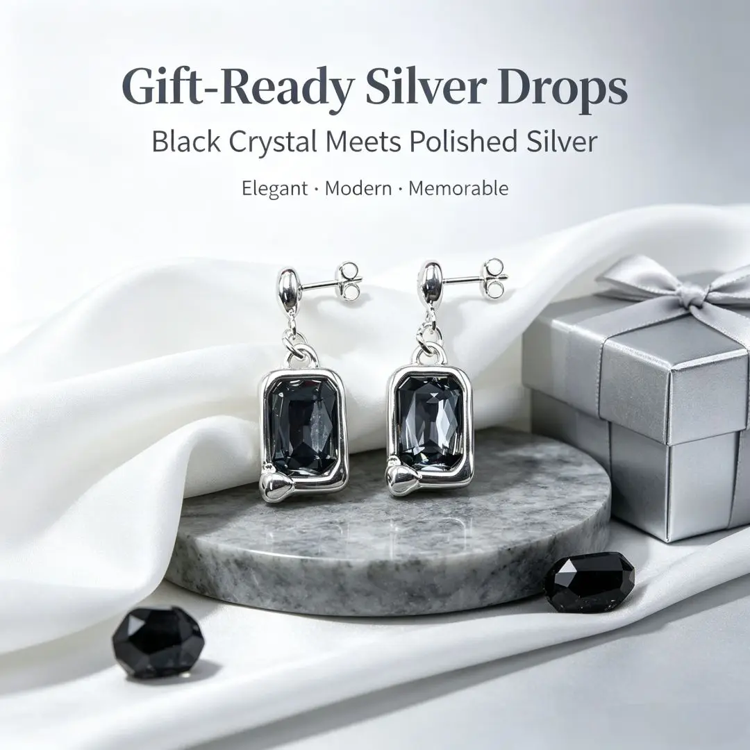 2026 Spain Mature High Beauty Silver Rectangular Grey Crystal Earrings Jewelry Accessories Party Gifts
