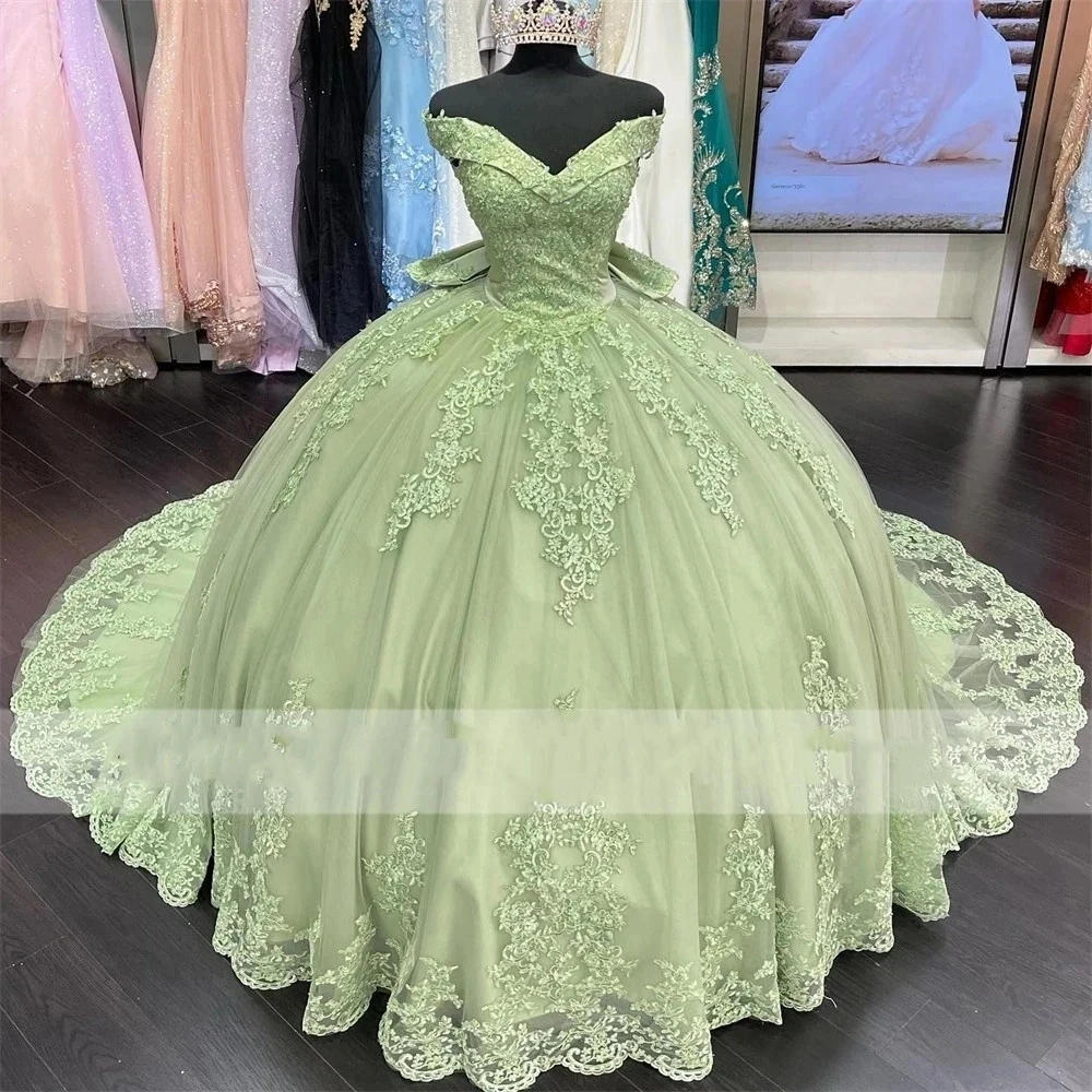 Mint Green Bow Quinceanera Dress, Back Appliques, Lace Ball Gown, Off the Shoulder Corset, Sweet Quinceanera Dress