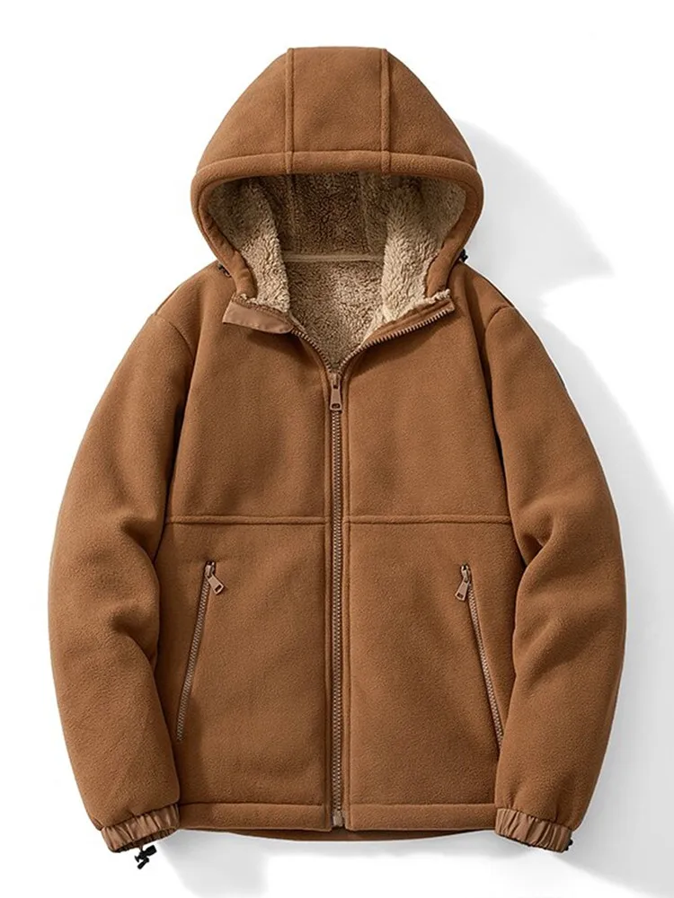 2024 Autumn/Winter New Fashion Solid Color Lamb Wool Hooded Coat Men\'s Casual Loose Thick Warm High Quality Plus-Size Jacket