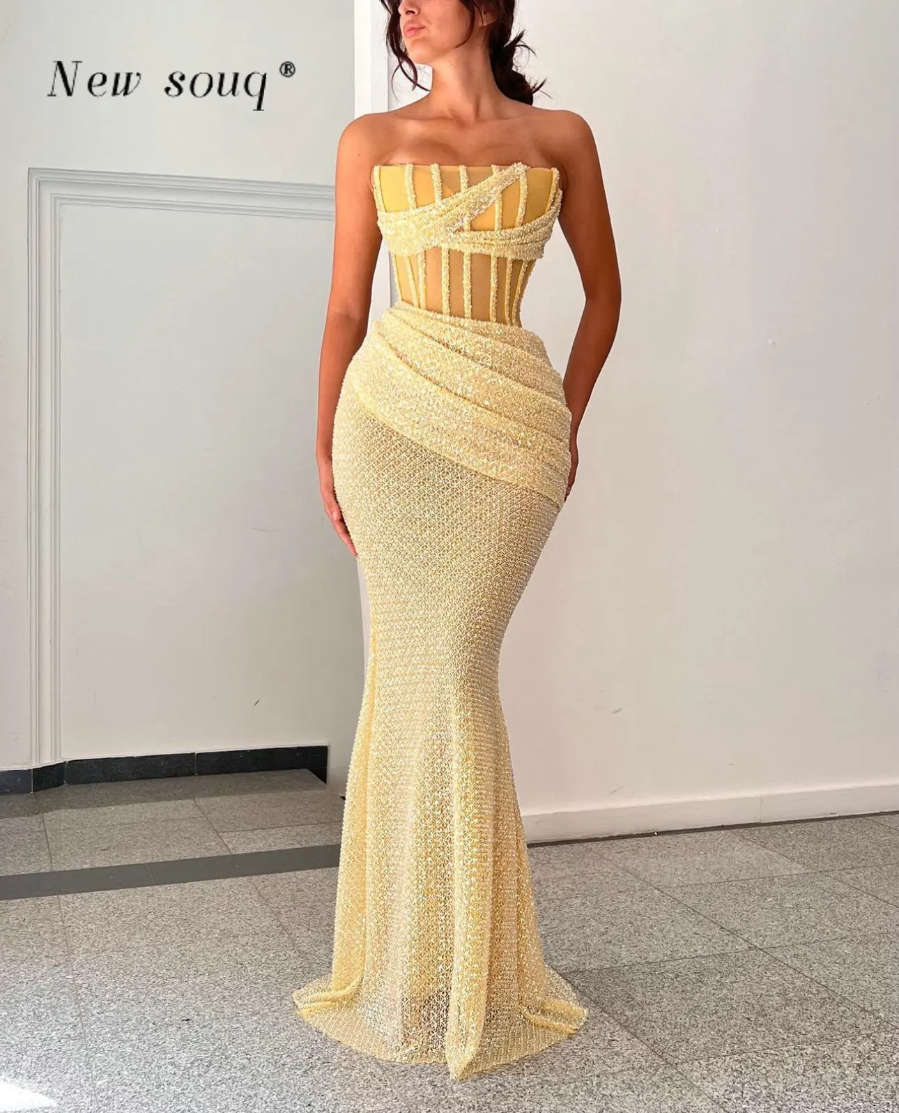 Yellow Strapless Long Corset Evening Dresses Heavy Beaded Mermaid Party Gowns Women Formal Occasions Elegant Wedding Prom Robes