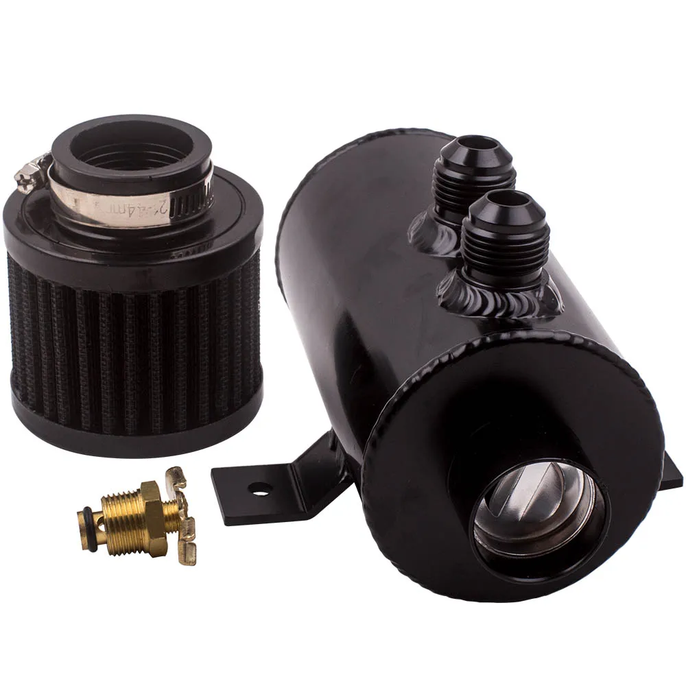 Black Engine Baffled Oil Catch Tank Can Reservoir w/ Breather Filter 0.75L 10AN Aluminium Baffled Engine AN10 Twin Port