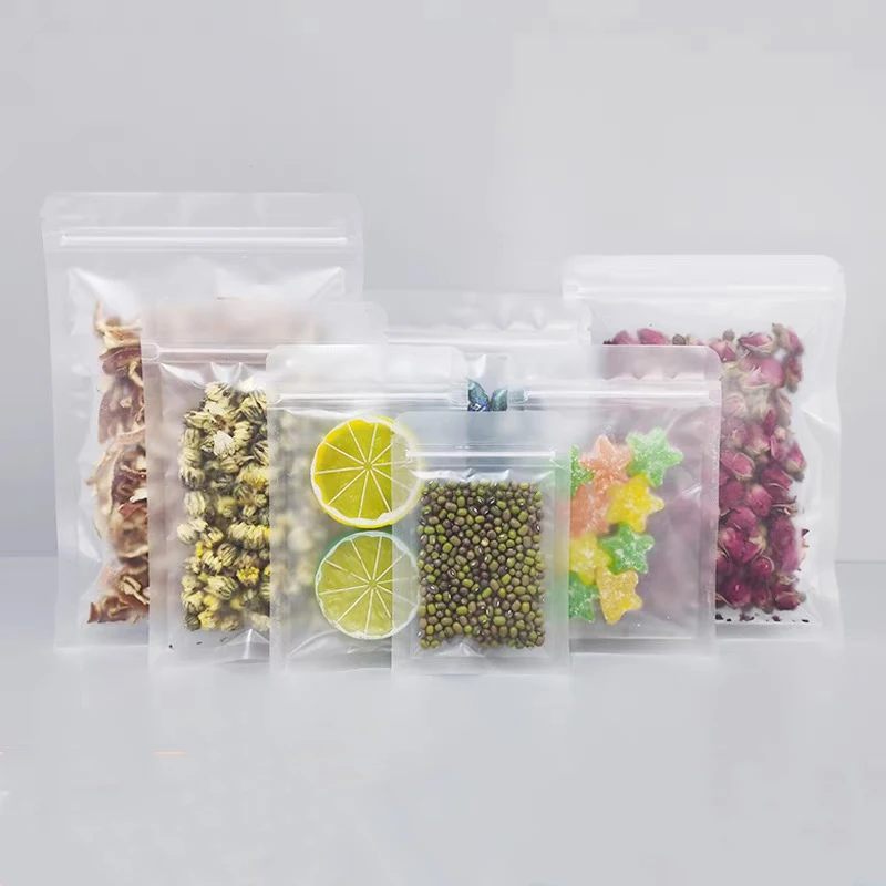 100 stuks Frosted Clear Flat Pouch Transparante Rits Plastic Zakken Voor Noten Verpakking Bonen Bloem Thee Spice Verpakking Zakken