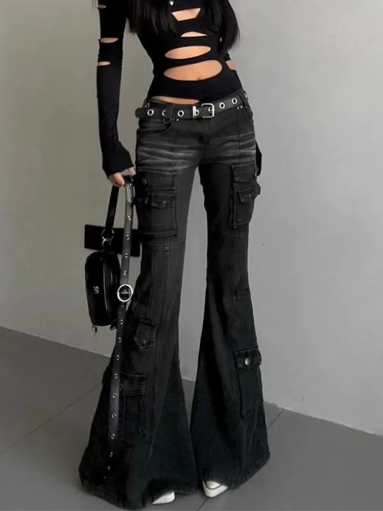 

2025 Cyber Y2K Streetwear Vintage Black Slim Flare Cargo Jeans Pants Women Clothing Multi Pockets Lady Trousers Pantalon Femme