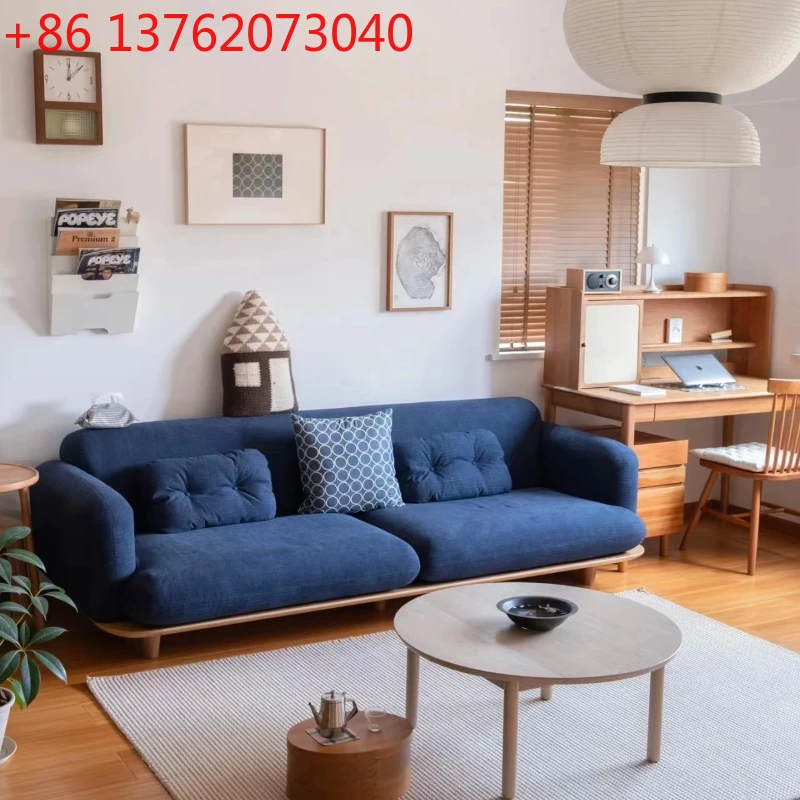

solid wood three-person fabric, retro cherry wood, simple Japanese-style small apartment, living room straight-row sofa