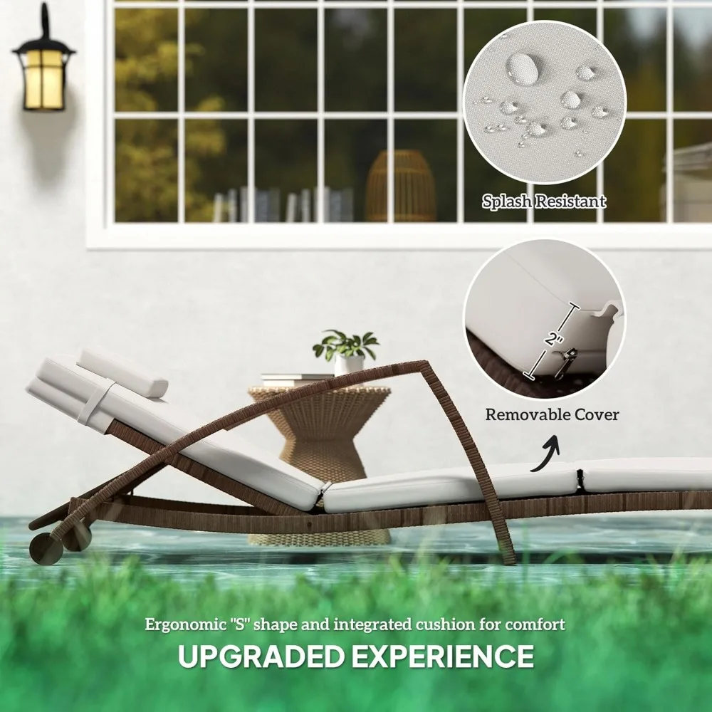 Espreguiçadeira de vime para exterior, conjunto de 2, espreguiçadeiras reclináveis ajustáveis de 5 posições para piscina com rodas, rattan ao ar livre Lou