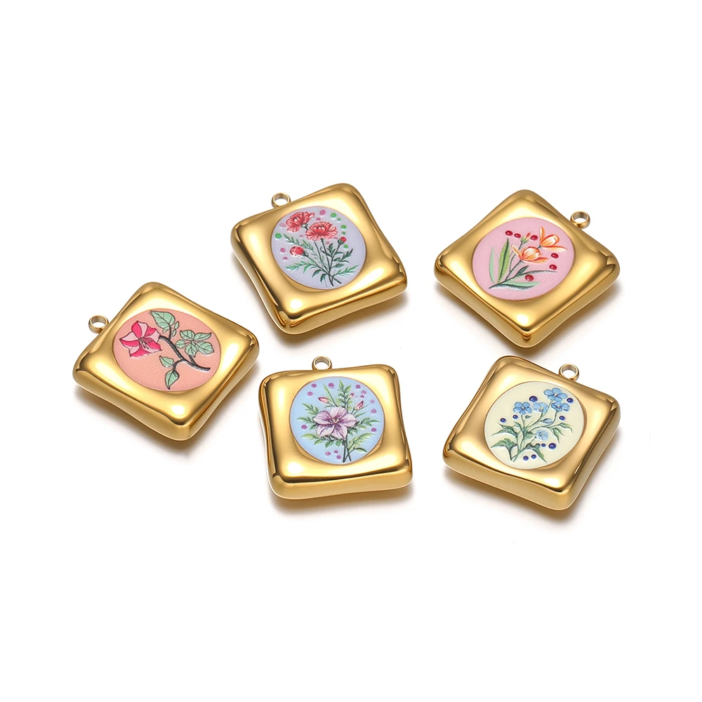 4 Stück Edelstahl-Quadrat-Emaille-Blumenanhänger für DIY-Schmuck, Halsketten, Anhänger, Armbänder, Ohrringe und Accessoires für Mädchen – Detail 1