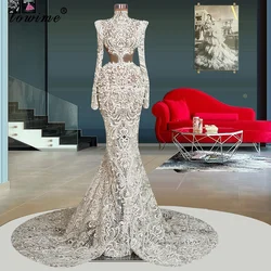 Ivory Lace Evening Dresses With Pearls High Neck Long Sleeves Wedding Dresses Mermaid Robes De Soirée Engagement Dresses Custom