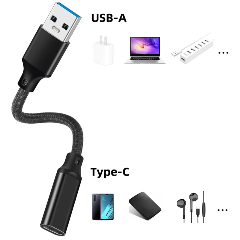 USB A 3.2 to Type C Female 10Gbps Extension Short Cable Fast Charging 3A 60W Wire For Iphone MacBook Huawei Earphone Adapter