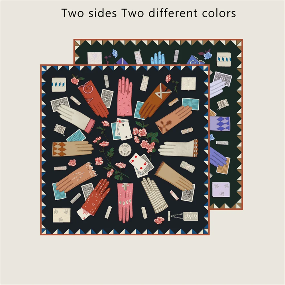 POBING Handgerollter Twill-Seidenschal für Damen, magische Handschuhe, doppelt bedruckte quadratische Schals, Wraps, Echarpes, Foulards, Femme, Hijab, 90 cm – Detail 15
