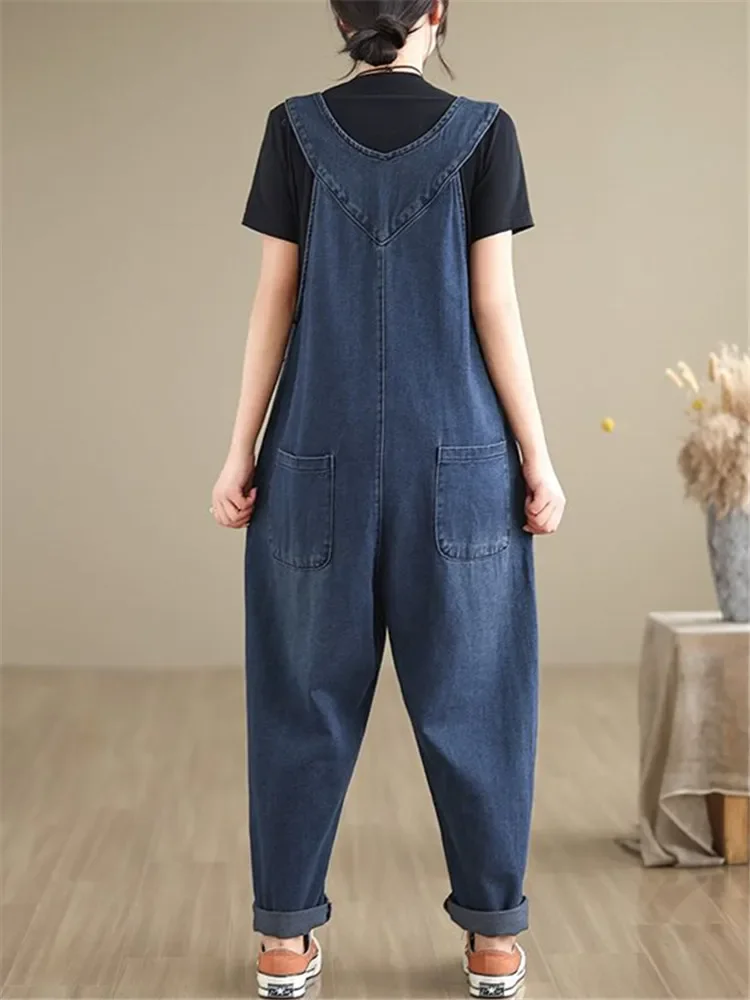 Woman Spring Literary Vintage Loose Denim Overalls Streetwear Straight Patchwork Pockets Washing Contrast Sleeveless Jumpsuit