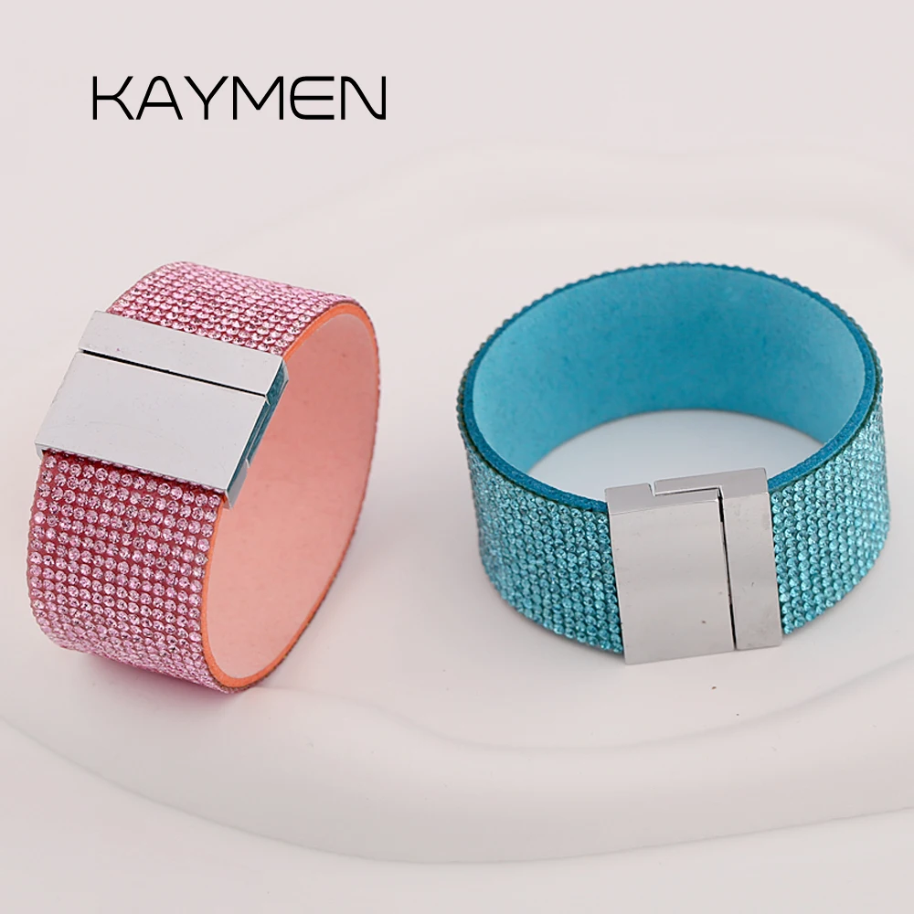 

Fashion Full Rhinestones Bracelet Silver Color Magnet Button Statement Bangles for Girls Women Clothing Accessory