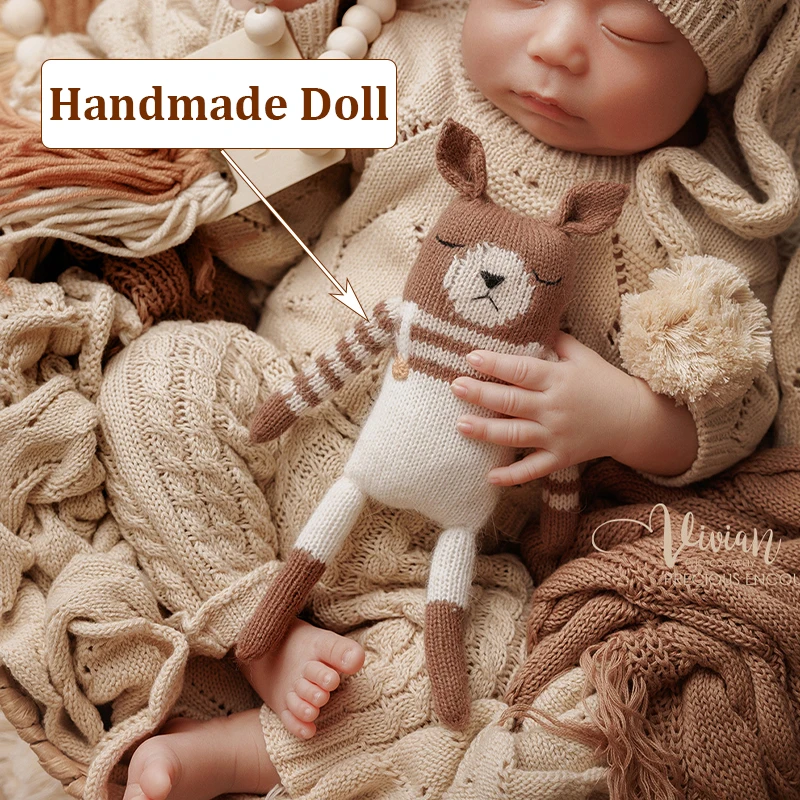 Pakaian Fotografi Bayi Baru Lahir Tema Musim Dingin Hangat Pakaian Rajutan dengan Topi Yang Cocok Alat Peraga Fotografi Boneka Beruang Buatan Tangan Gaya Ins