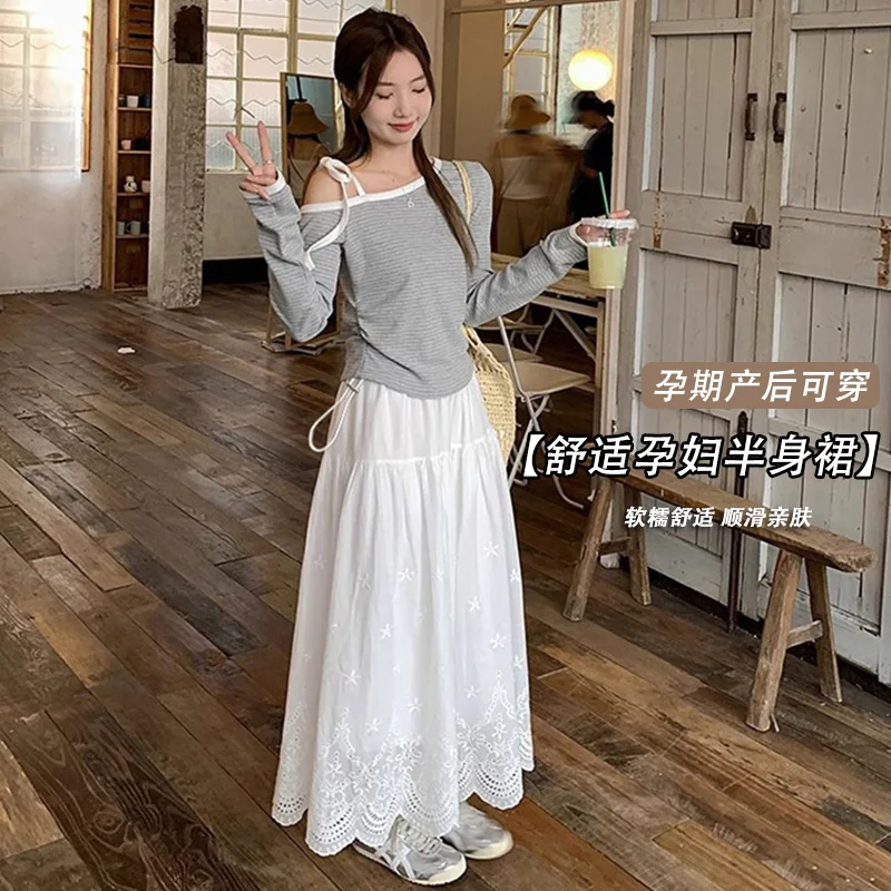 

Adjustable High Waist Embroidery White Loose Slimming Summer Thin Skirt for Pregnant Women 2025 Y2K Sweet Maternity A-Line Skirt