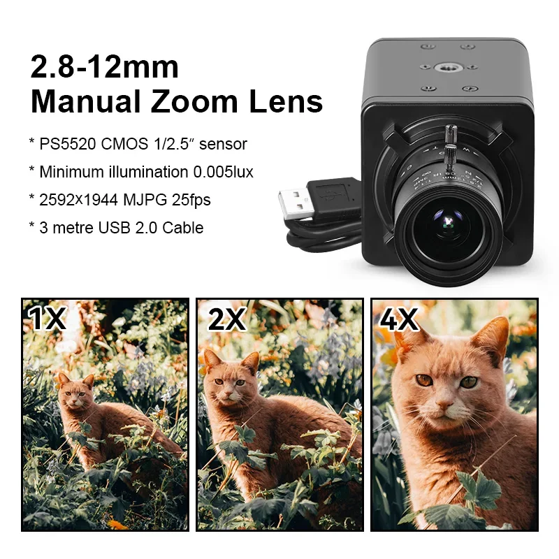 New 5600 PS5520 5MP 2.8-12mm CS MF Lens Plug-and-Play Webcam Wide Dynamic UVC OTG USB HD Camera for Windows/Linux/Android CMOS