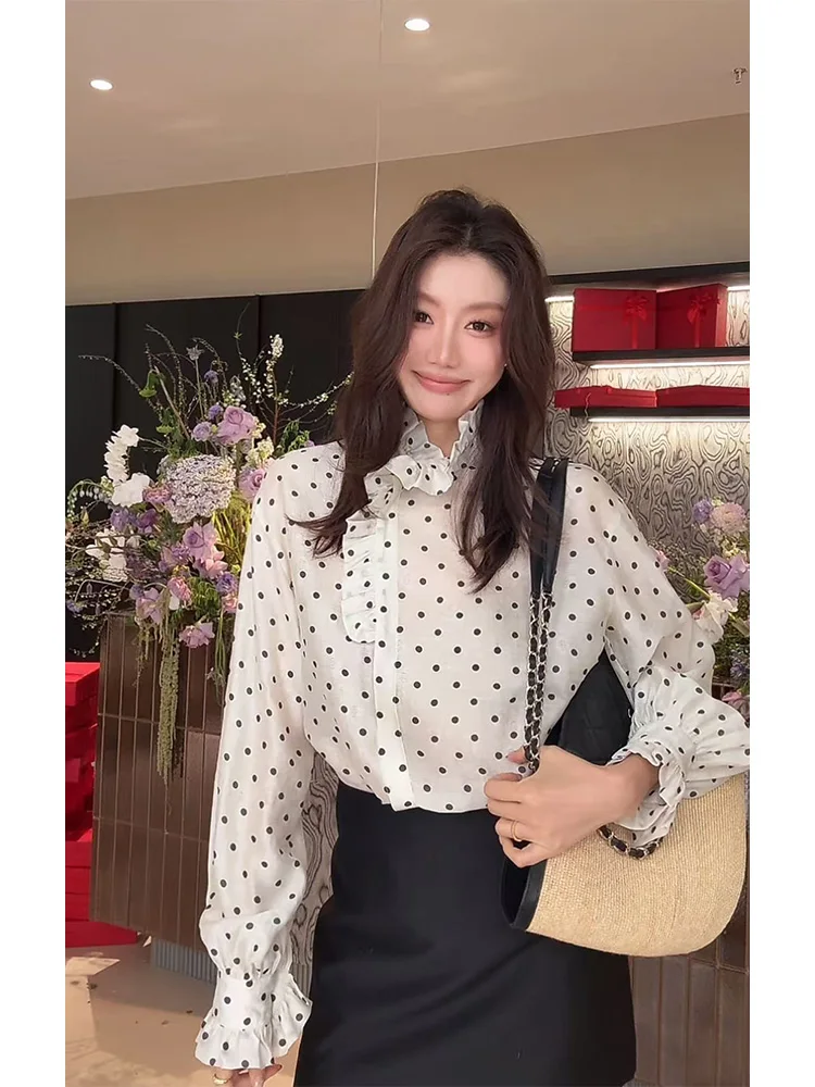 

Dragon Joy Spring Ele Loose Polka Dot Print Ruffle Sve Women's Slimming Long Sve irt Y French Sle Casual Wear