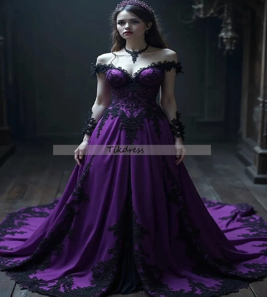 Vestido de novia gótico Retro púrpura con negro, vestido de novia Medieval de satén con hombros descubiertos, vestido de novia campestre celta personalizado 2025