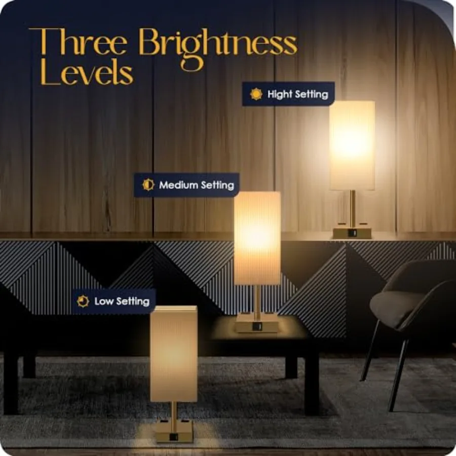 Set of 2 Bedside Table Lamp 3 Way Dimmable Nightstand Lamp with USB C and USB A Charging Port, 2 AC Outlets, 3000K LED Bulbs Pl
