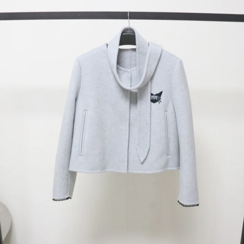 

Women's Autumn Winter Elegant O Neck Long Sleeve Single Breasted Wool Short Jacket Lady Solid Color Loose Wool Outwear