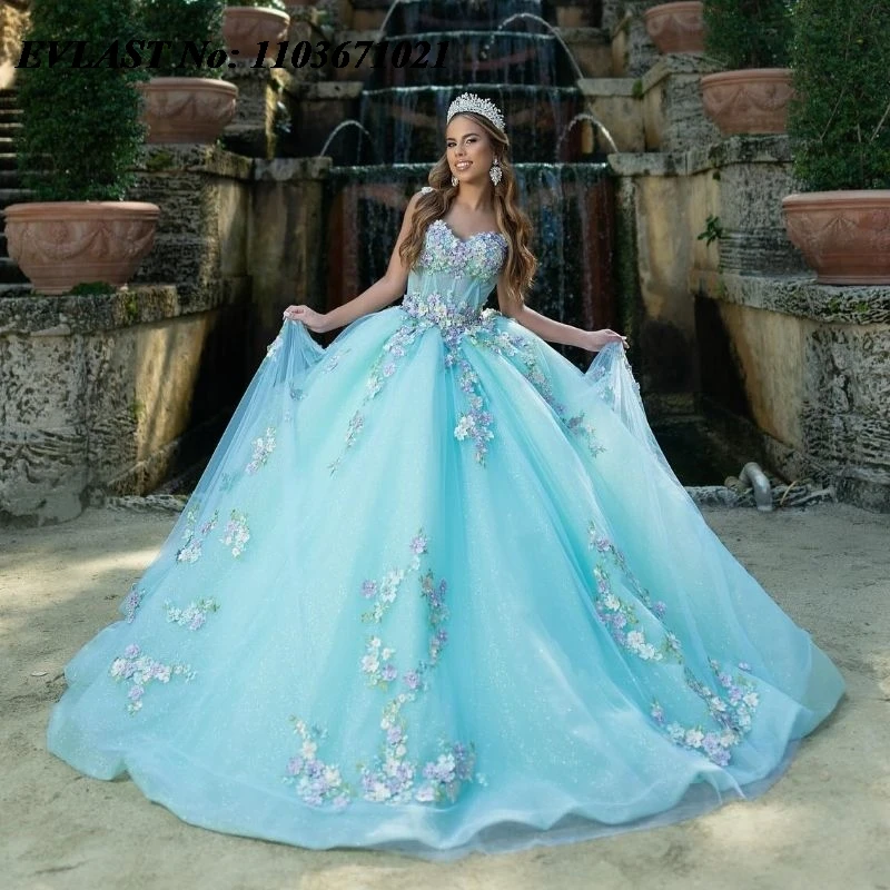 

EVLAST блестящее аквасинее платье Quinceanera бальное платье цветочное кружево Аппликация из бисера Кристалл милое 16 Vestidos De XV 15 лет SQ159