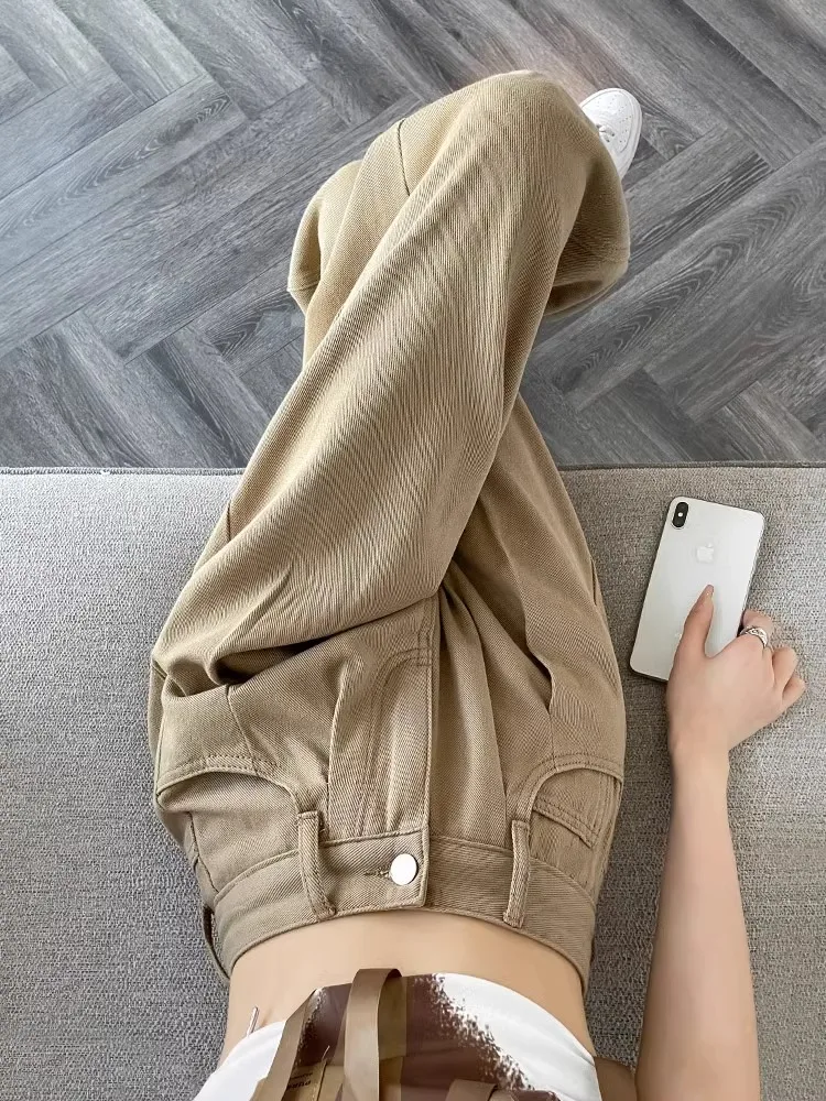 

Khaki Wide Leg Jeans Women's Small Size 2024 New plus Size Fat MM Slim High Waist Straight Long Pants Commute Style Casual