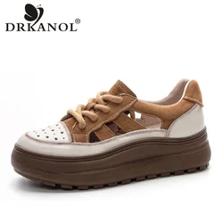 DRKANOL Summer Women Shoes 2024 Mixed Colors Genuine Leather Breathable Hollow Out Chunky Platform Lace-Up Women Casual Sneakers