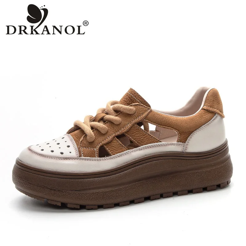 DRKANOL Summer Women Shoes 2026 Mixed Colors Genuine Leather Breathable Hollow Out Chunky Platform Lace-Up Women Casual Sneakers