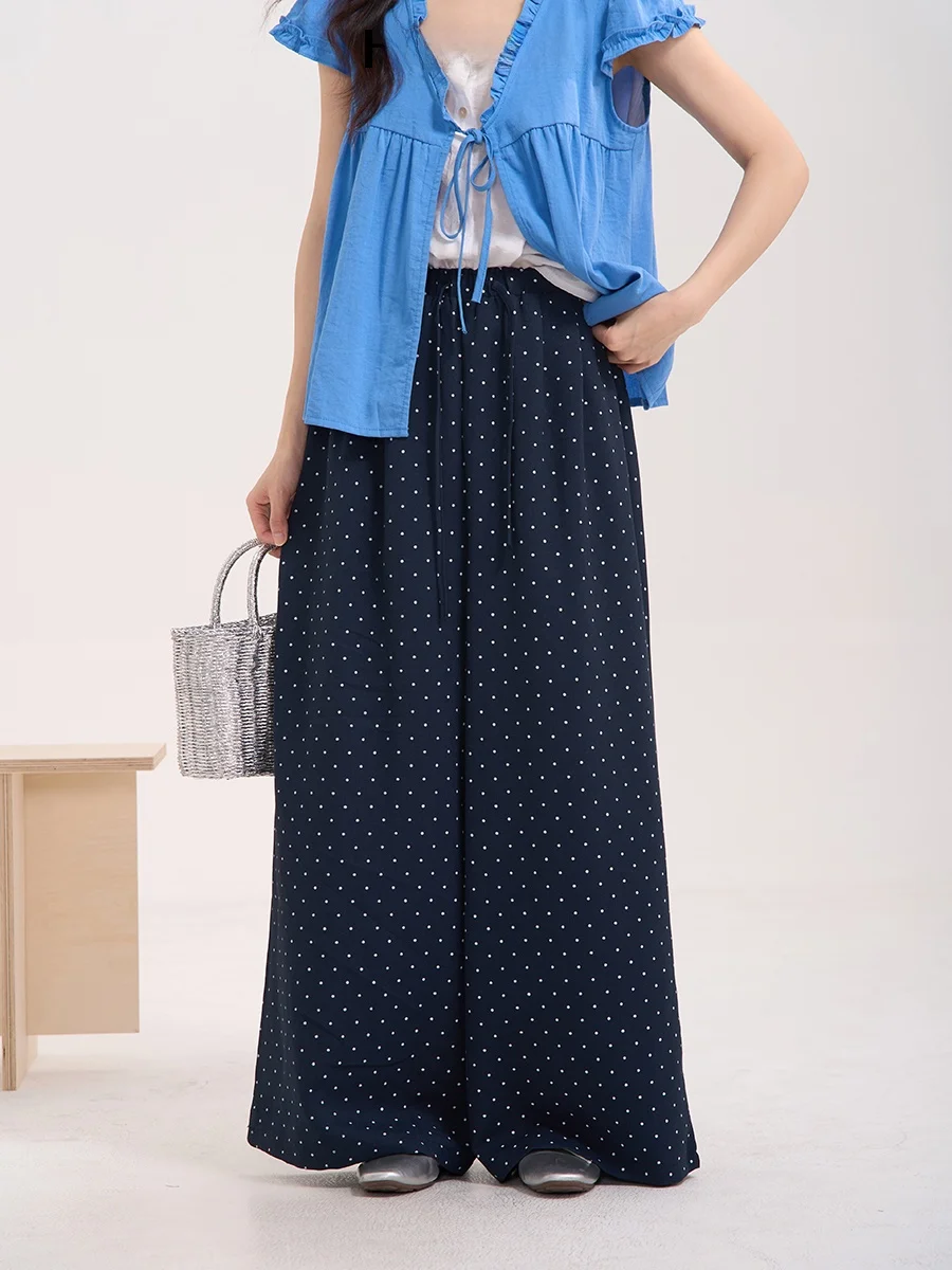

Summer Casual Polka Dot Wide Leg Pants Women's High Waist Dstring Korean Sle Commute Wind Floral Field Window Heme