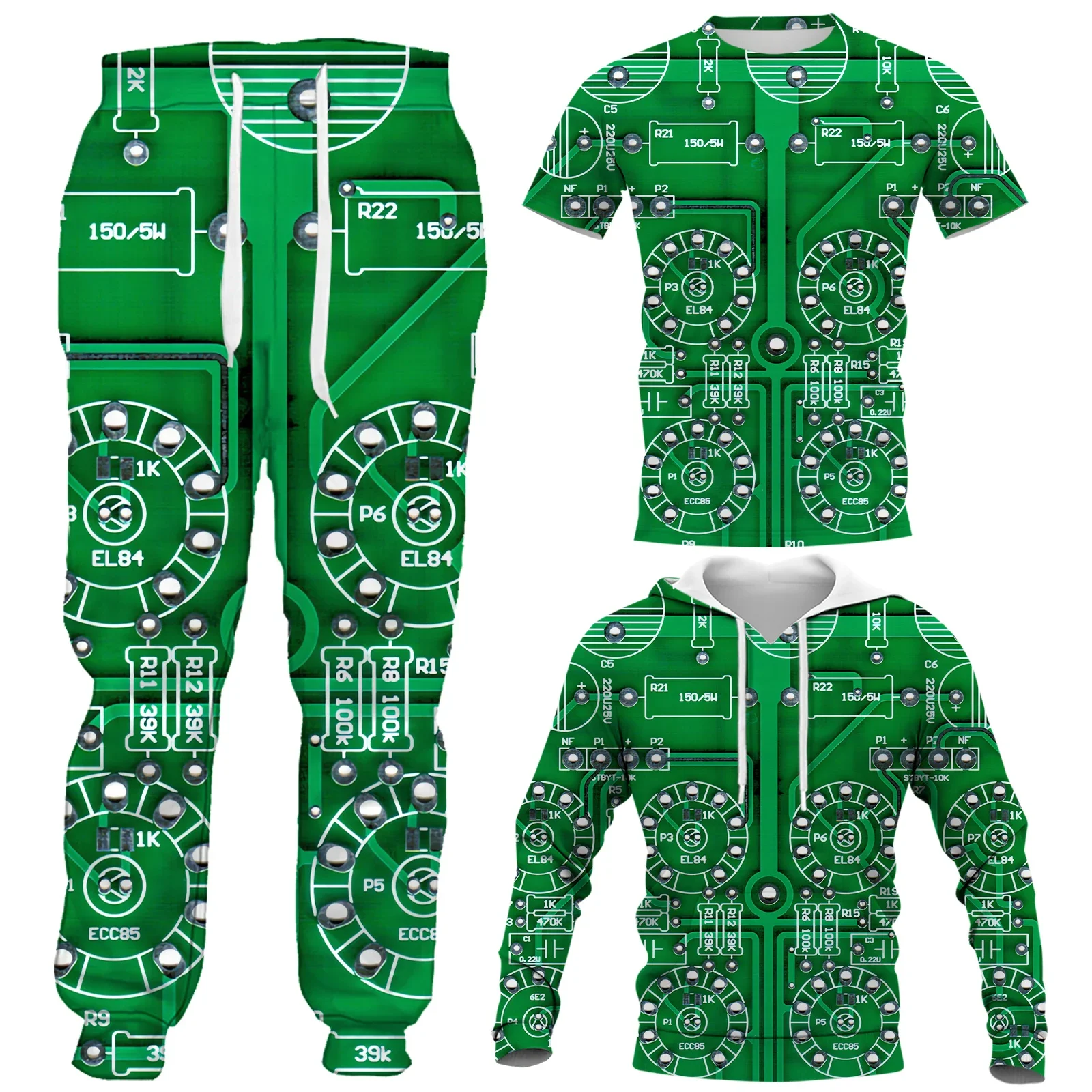 HX Green Circuit Board Clothing Sets Electronic Technology Chip Print Vest T-shirts Shorts Hoodies Pants Tracksuit Dropshipping