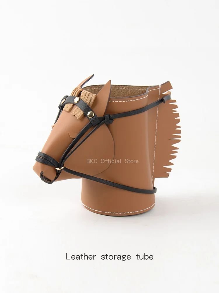 handmade-horse-head-pen-holder-genuine-leather-desk-organizer-with-wax-thread-saddle-stitch-creative-home-office-decor