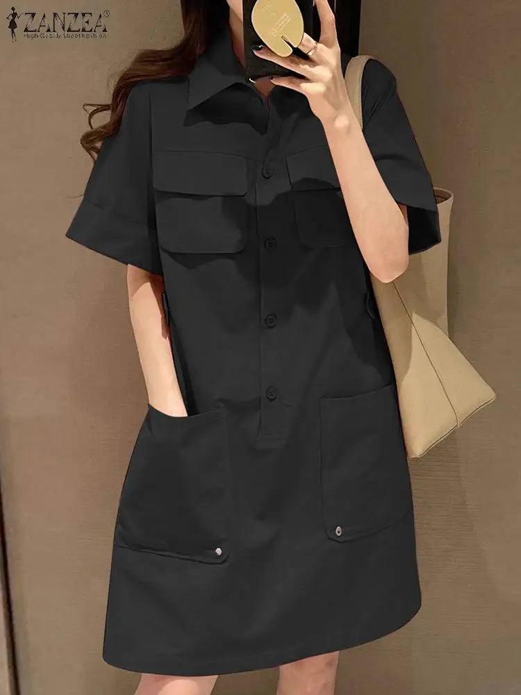 ZANZEA Women\'s Summer Cargo Dress Korean Style Short Sleeve Shirtdress Casual Turn-down Collar Solid Knee Length Vestidos Pocket